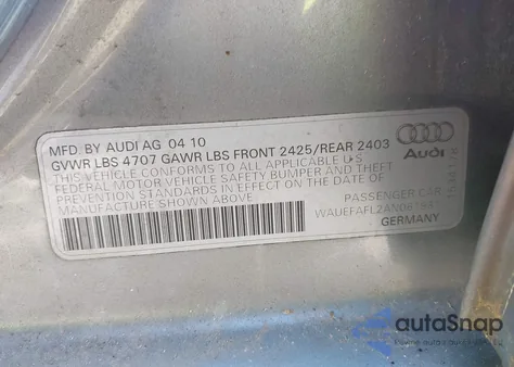 2010 Audi A4 2.0T Premium z USA, uszkodzony, nr VIN WAUEFAFL2AN061931
